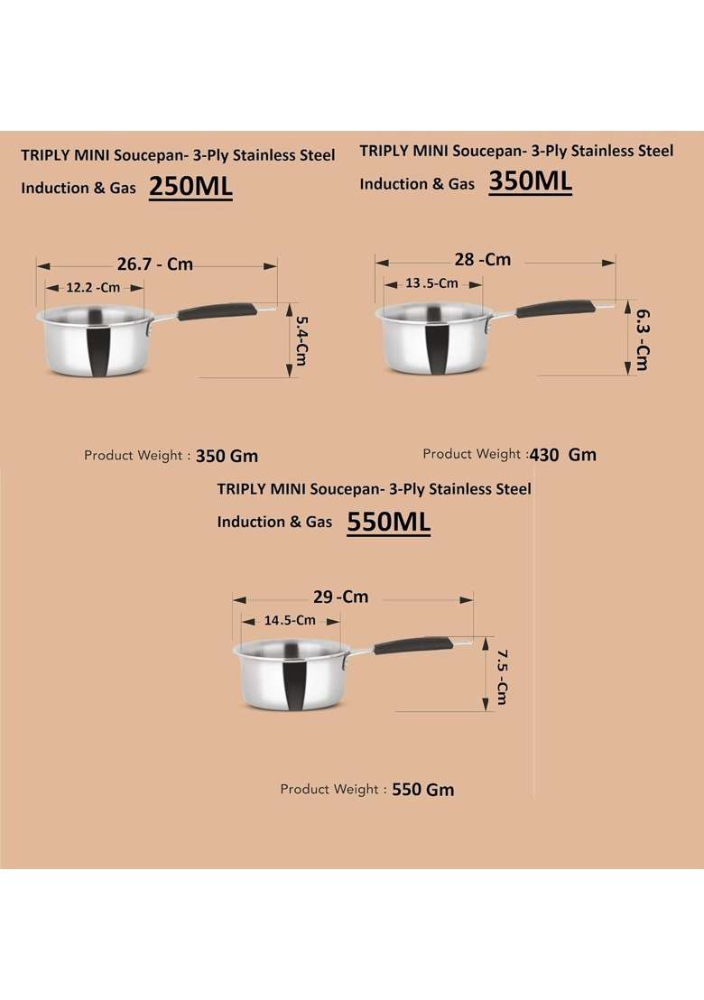 Bartan Star Triply Cute Mini Sauce Pan Ideal for Tea | 250 ml | 8.5 fl oz | 3-Piece Set | Induction Compatible | Heavy Bottom - Indya