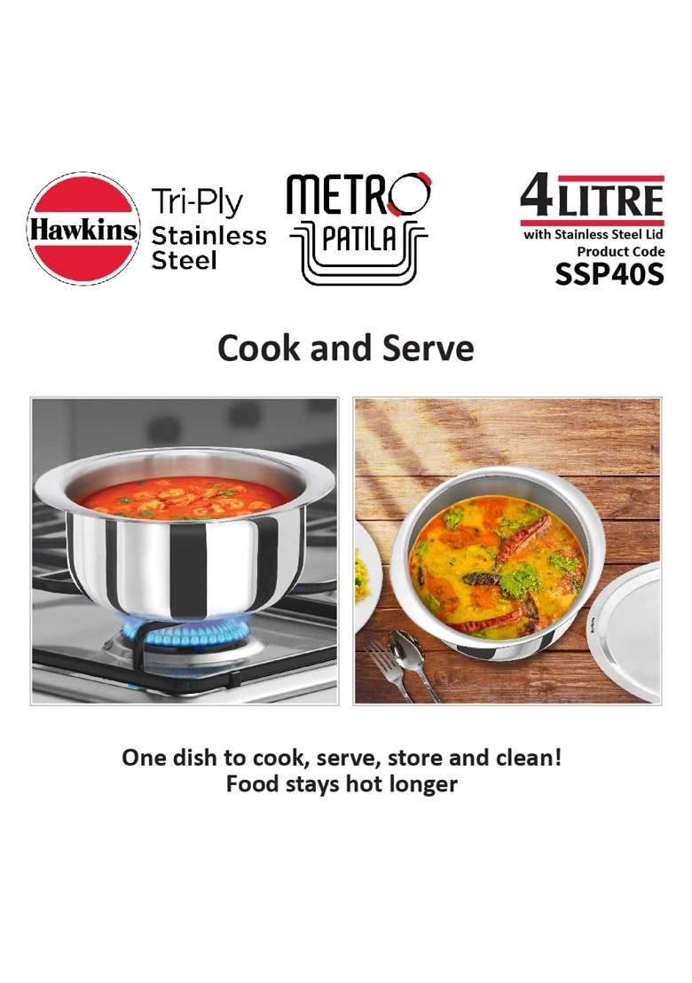 Hawkins Metro Patila Cooking Pot | 4 L | 4.2 Qt | Induction Compatible | Tri-Ply | With Lid - Indya