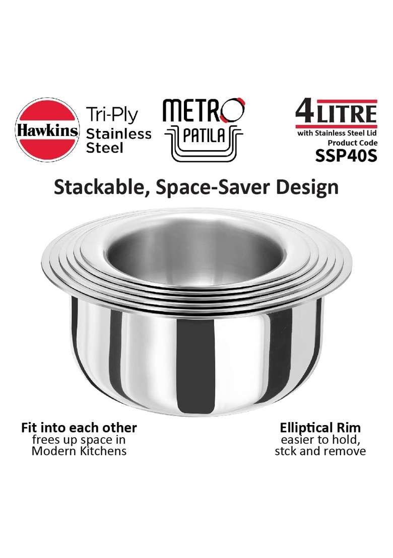 Hawkins Metro Patila Cooking Pot | 4 L | 4.2 Qt | Induction Compatible | Tri-Ply | With Lid - Indya