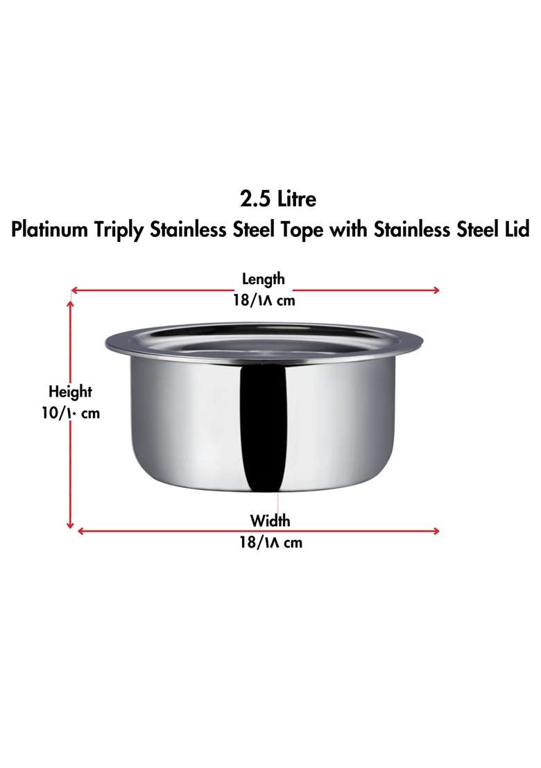 Vinod Platinum Triply Stainless Steel Tope Cooking Pot with Stainless Steel Lid Capacity | 2.5 L | 2.6 Qt | 18 cm | 7.1 Inch | Induction Compatible - Indya