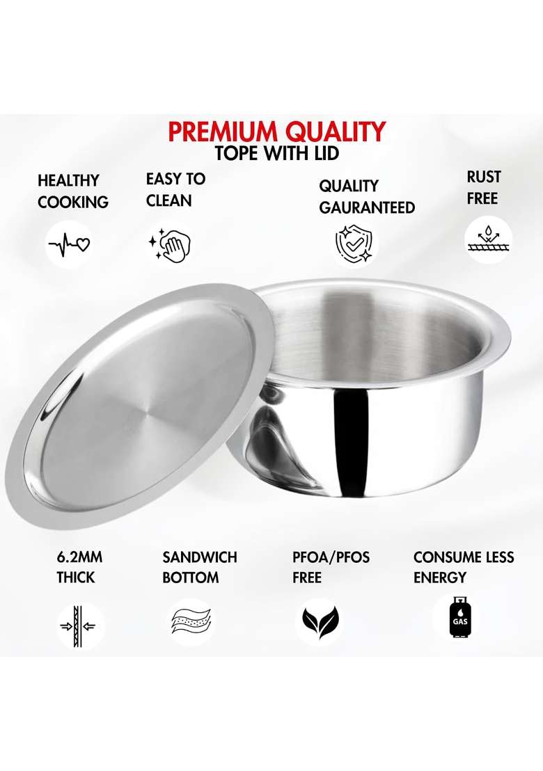 Vinod Platinum Triply Stainless Steel Tope Cooking Pot with Stainless Steel Lid Capacity | 2.5 L | 2.6 Qt | 18 cm | 7.1 Inch | Induction Compatible - Indya