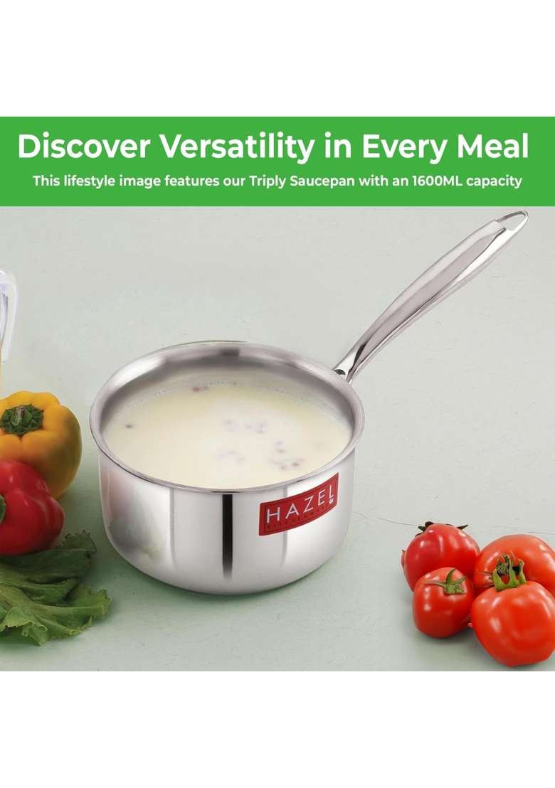 HAZEL Triply Stainless Steel Saucepan | 1.6 L | 1.7 Qt | 17.5 cm | 6.9 Inch | Induction Compatible - Indya