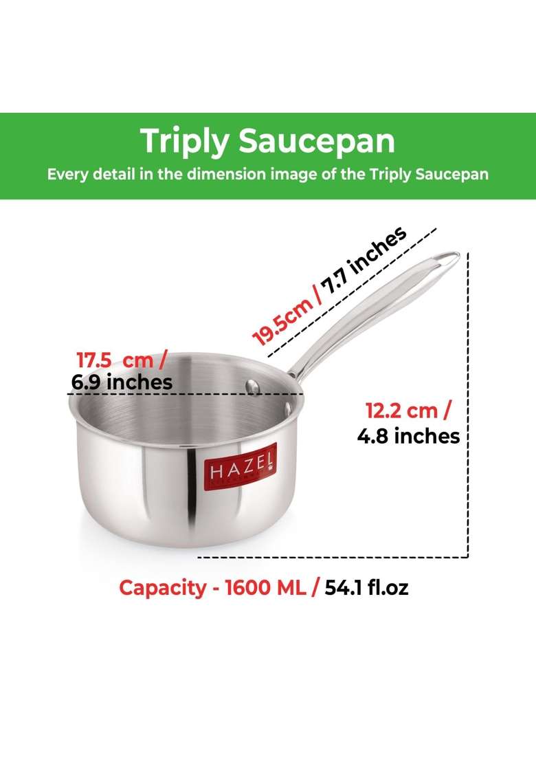 HAZEL Triply Stainless Steel Saucepan | 1.6 L | 1.7 Qt | 17.5 cm | 6.9 Inch | Induction Compatible - Indya