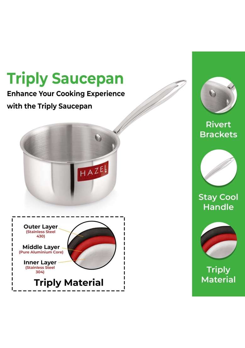 HAZEL Triply Stainless Steel Saucepan | 1.6 L | 1.7 Qt | 17.5 cm | 6.9 Inch | Induction Compatible - Indya
