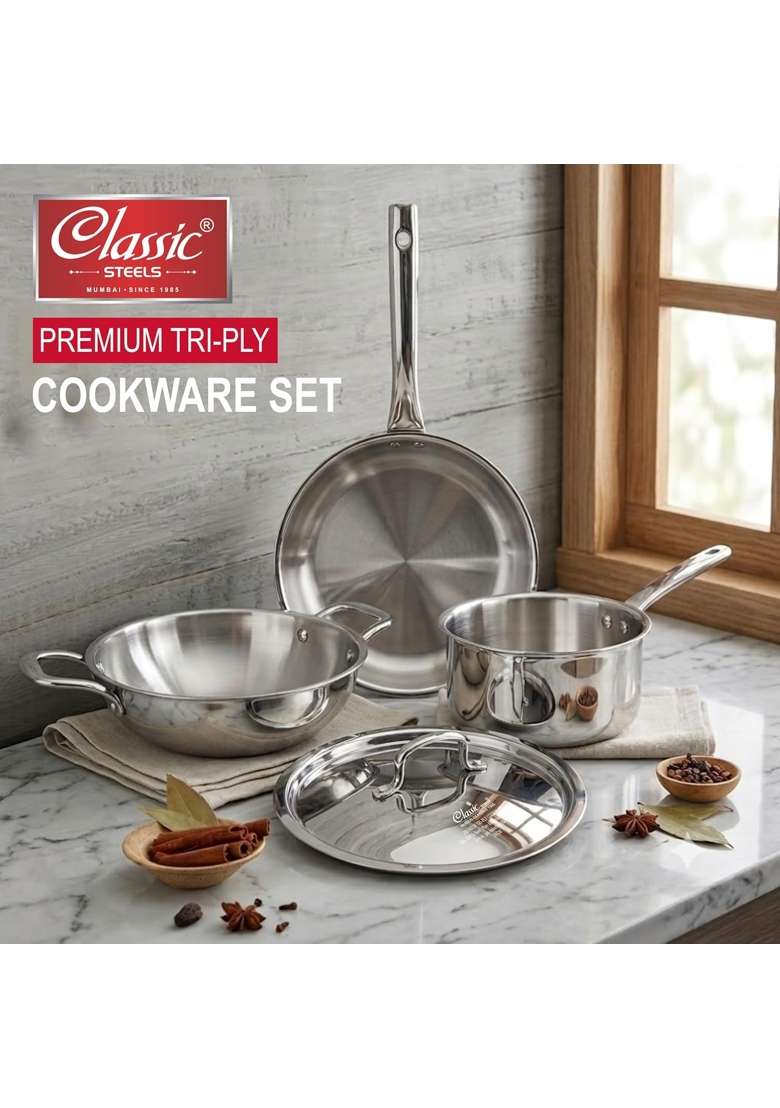 Classic Steels Classic Steel Stainless Steel Triply Cookware Gift Set | 22 cm | 8.7 Inch | 4-Piece Set | Induction Compatible | With Lid | Food Safe - Indya