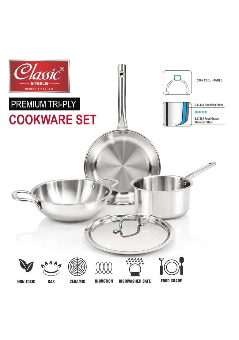 Classic Steels Classic Steel Stainless Steel Triply Cookware Gift Set | 22 cm | 8.7 Inch | 4-Piece Set | Induction Compatible | With Lid | Food Safe - Indya