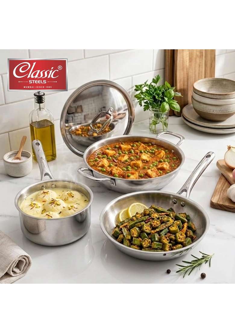 Classic Steels Classic Steel Stainless Steel Triply Cookware Gift Set | 22 cm | 8.7 Inch | 4-Piece Set | Induction Compatible | With Lid | Food Safe - Indya