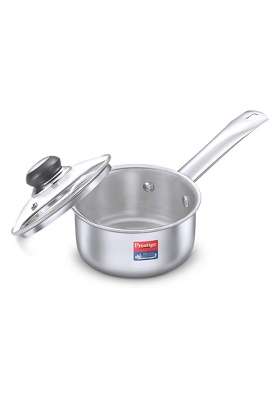 Prestige Tri-Ply Stainless Steel Splendor Sauce Pan with Glass Lid | 1.5 L | 1.6 Qt | 16 cm | 6.3 Inch | Induction Compatible