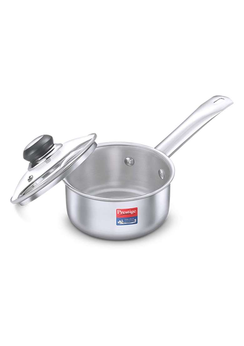 Prestige Tri-Ply Stainless Steel Splendor Sauce Pan with Glass Lid | 1.5 L | 1.6 Qt | 16 cm | 6.3 Inch | Induction Compatible - Indya