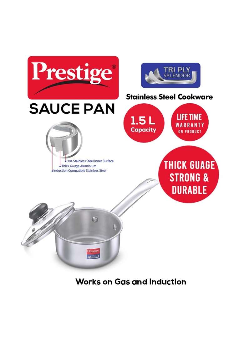 Prestige Tri-Ply Stainless Steel Splendor Sauce Pan with Glass Lid | 1.5 L | 1.6 Qt | 16 cm | 6.3 Inch | Induction Compatible - Indya