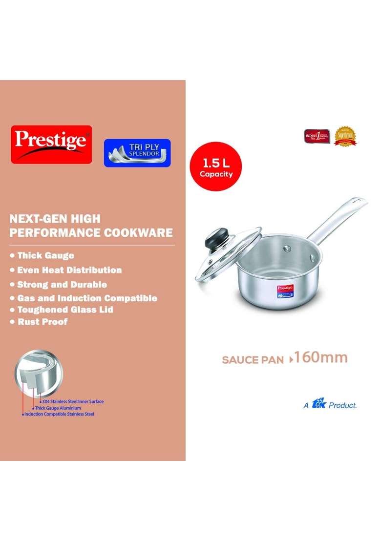 Prestige Tri-Ply Stainless Steel Splendor Sauce Pan with Glass Lid | 1.5 L | 1.6 Qt | 16 cm | 6.3 Inch | Induction Compatible - Indya