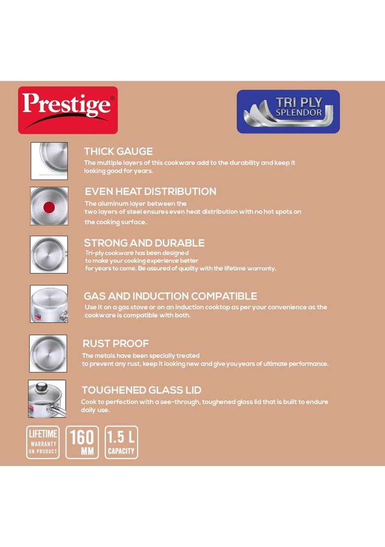 Prestige Tri-Ply Stainless Steel Splendor Sauce Pan with Glass Lid | 1.5 L | 1.6 Qt | 16 cm | 6.3 Inch | Induction Compatible - Indya