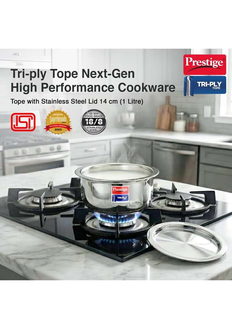Prestige Tri-Ply Stainless Steel Tope Cooking Pot with Lid | 1 L | 1.1 Qt | 14 cm | 5.5 Inch | Induction Compatible - Indya