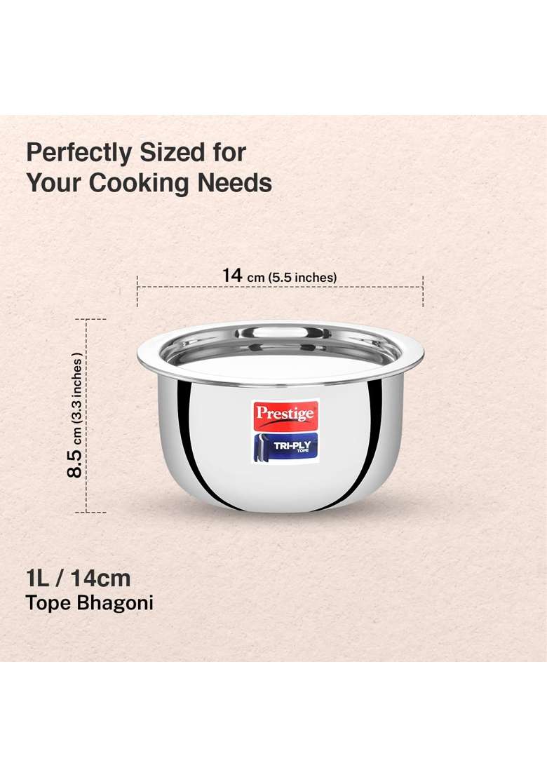 Prestige Tri-Ply Stainless Steel Tope Cooking Pot with Lid | 1 L | 1.1 Qt | 14 cm | 5.5 Inch | Induction Compatible - Indya