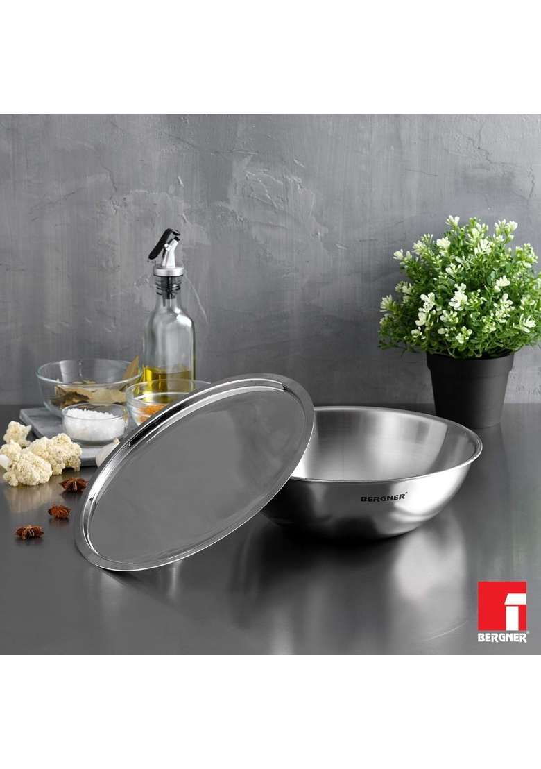 BERGNER Argent Triply Tasra Deep Pan with Stainless Steel Lid | 2.5 L | 2.6 Qt | 24 cm | 9.4 Inch | Induction Compatible | Food Safe - Indya