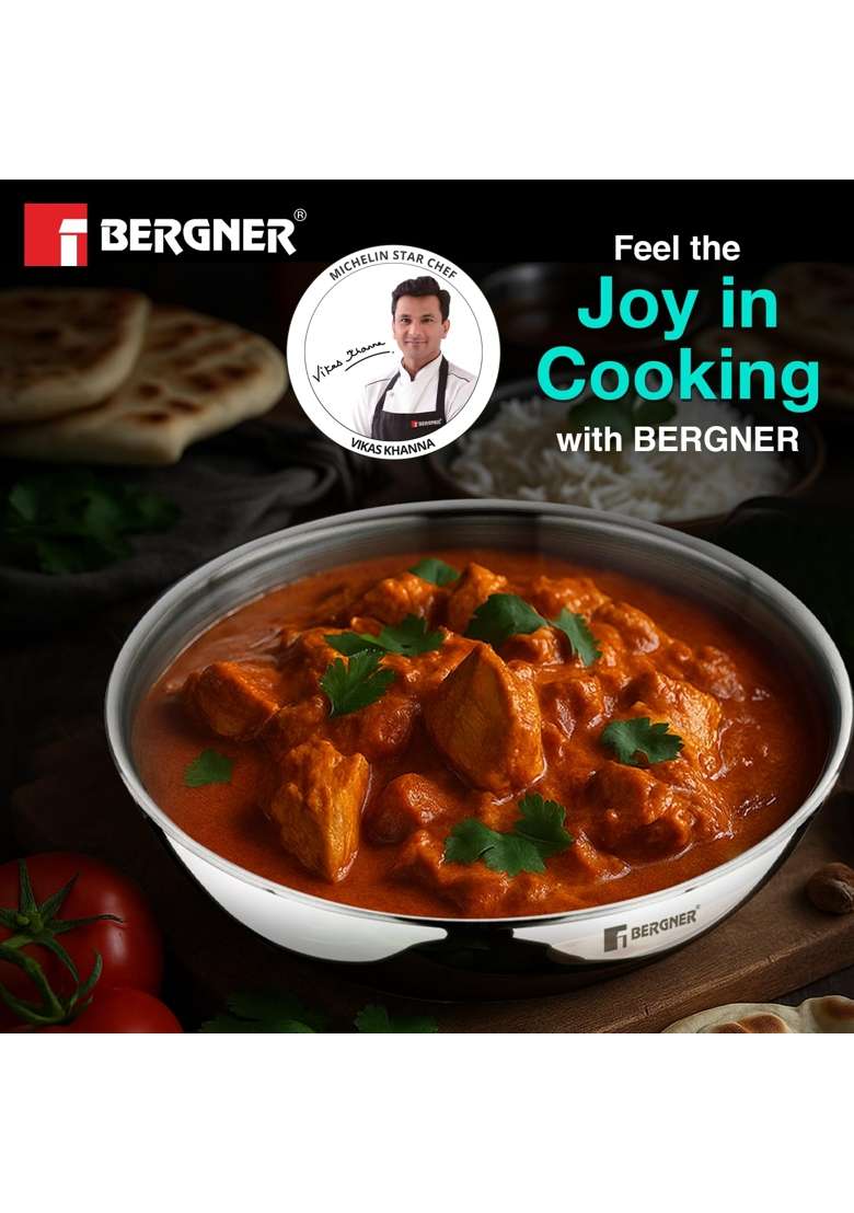 BERGNER Argent Triply Tasra Deep Pan with Stainless Steel Lid | 2.5 L | 2.6 Qt | 24 cm | 9.4 Inch | Induction Compatible | Food Safe - Indya