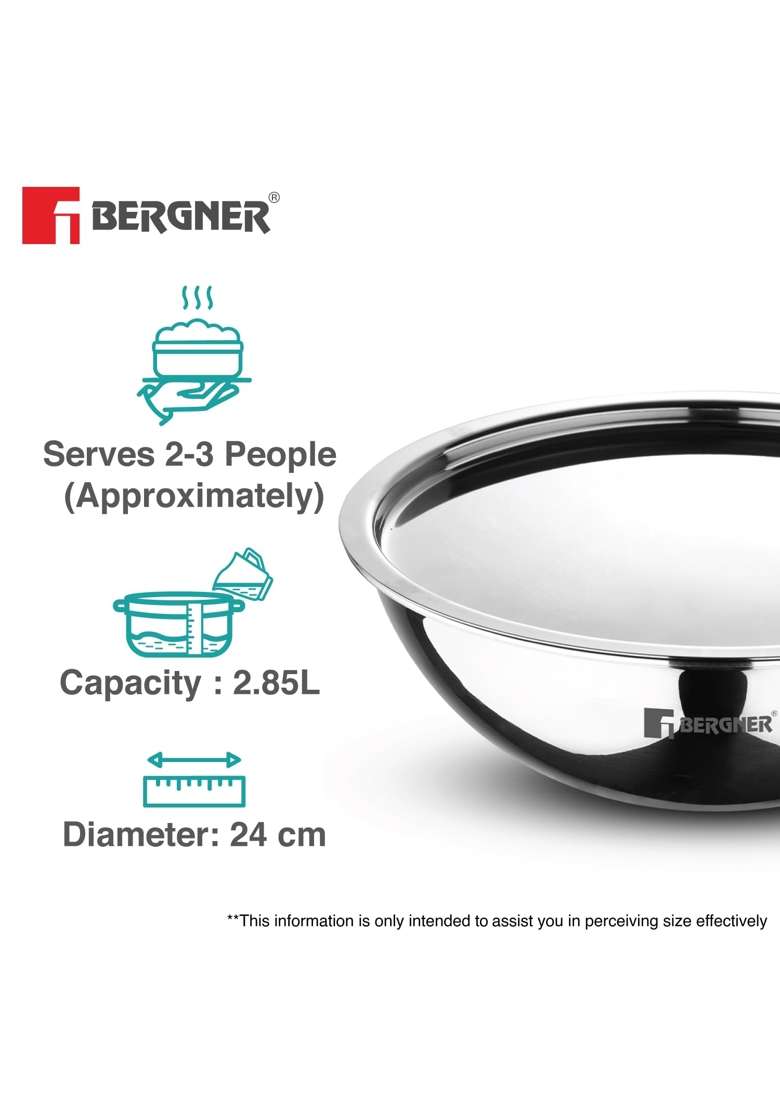 BERGNER Argent Triply Tasra Deep Pan with Stainless Steel Lid | 2.5 L | 2.6 Qt | 24 cm | 9.4 Inch | Induction Compatible | Food Safe - Indya