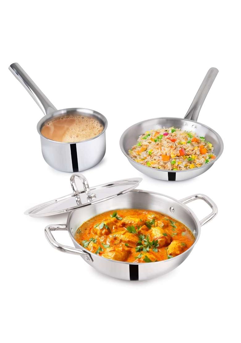 The Indus Valley Triply Stainless Steel Cookware Set | 3 L | 3.2 Qt | 24 cm | 9.4 Inch | 4-Piece Set | Non-Stick - Indya