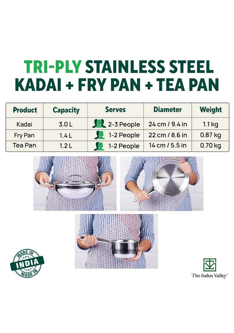 The Indus Valley Triply Stainless Steel Cookware Set | 3 L | 3.2 Qt | 24 cm | 9.4 Inch | 4-Piece Set | Non-Stick - Indya