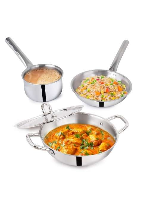 The Indus Valley Triply Stainless Steel Cookware Set | 3 L | 3.2 Qt | 24 cm | 9.4 Inch | 4-Piece Set | Non-Stick