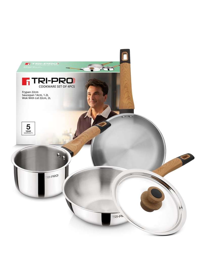 BERGNER Tripro Triply Cookware Set | 1.2 L | 1.3 Qt | 22 cm | 8.7 Inch | 4-Piece Set | Induction Compatible | With Lid - Indya