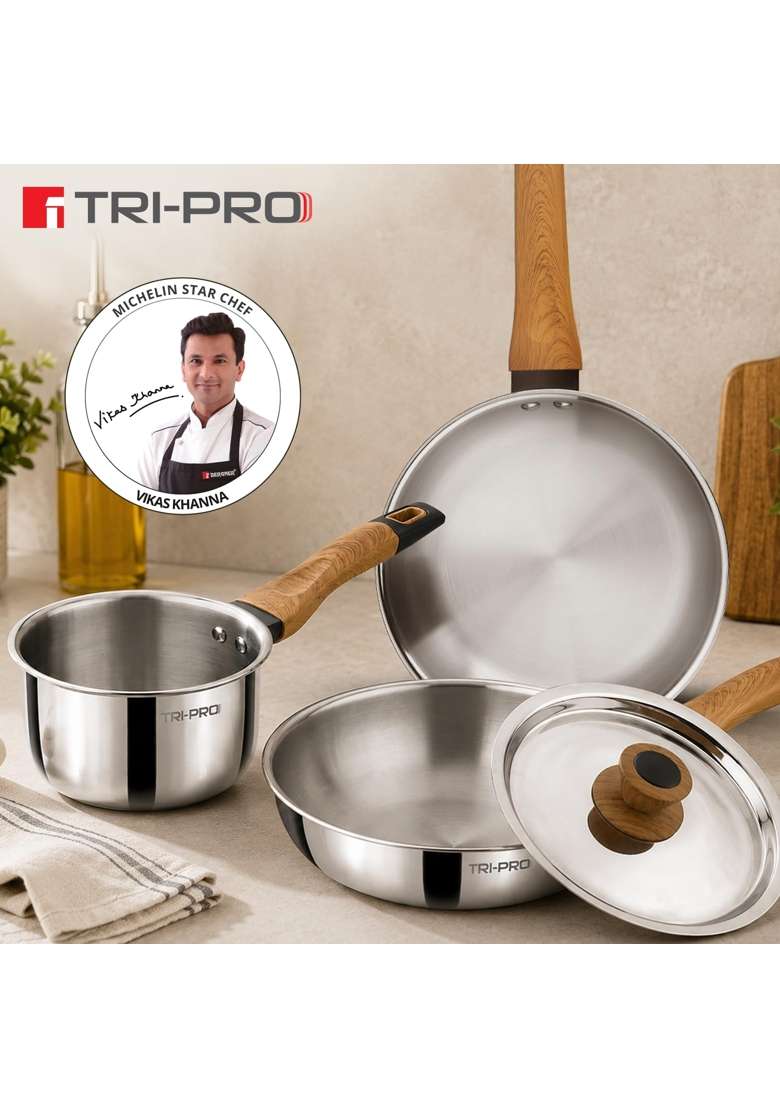 BERGNER Tripro Triply Cookware Set | 1.2 L | 1.3 Qt | 22 cm | 8.7 Inch | 4-Piece Set | Induction Compatible | With Lid - Indya