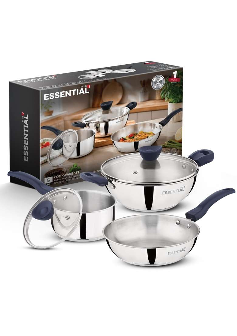 BERGNER Essential Plus Stainless Steel Cookware Set | 2.5 L | 2.6 Qt | 22 cm | 8.7 Inch | 5-Piece Set | Tri-Ply | With Lid - Indya