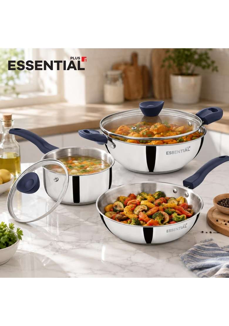 BERGNER Essential Plus Stainless Steel Cookware Set | 2.5 L | 2.6 Qt | 22 cm | 8.7 Inch | 5-Piece Set | Tri-Ply | With Lid - Indya