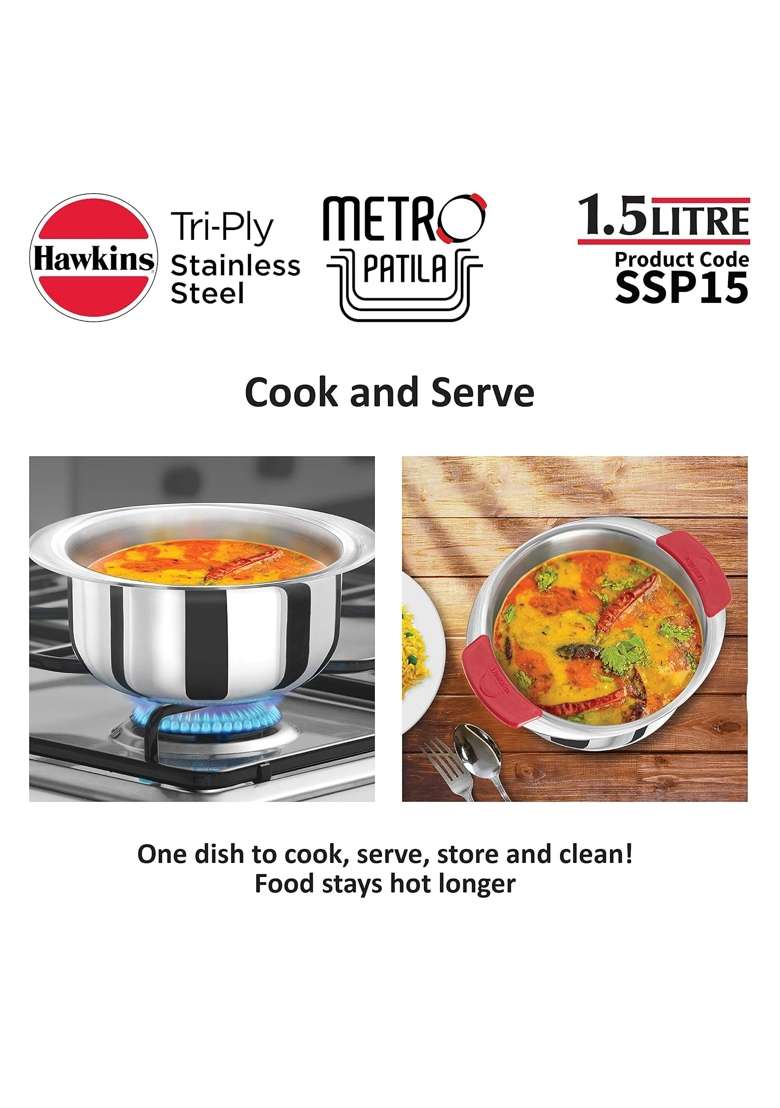 Hawkins Metro Patila Cooking Pot | 1.5 L | 1.6 Qt | Induction Compatible | Tri-Ply - Indya