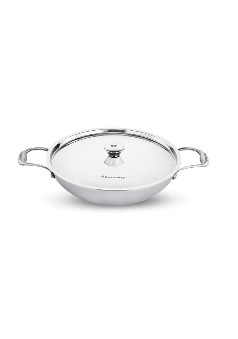 Butterfly Stainless Steel Tez Triply Kadai Wok with Lid | 1.5 L | 1.6 Qt | 30 cm | 11.8 Inch | Induction Compatible - Indya