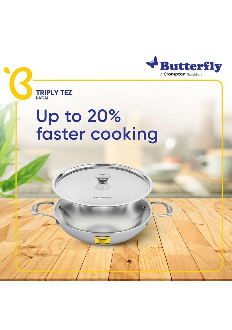 Butterfly Stainless Steel Tez Triply Kadai Wok with Lid | 1.5 L | 1.6 Qt | 30 cm | 11.8 Inch | Induction Compatible - Indya