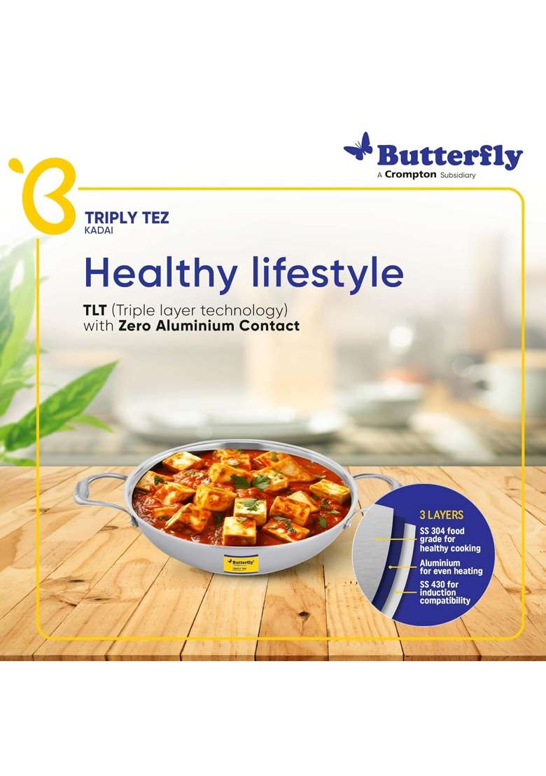 Butterfly Stainless Steel Tez Triply Kadai Wok with Lid | 1.5 L | 1.6 Qt | 30 cm | 11.8 Inch | Induction Compatible - Indya