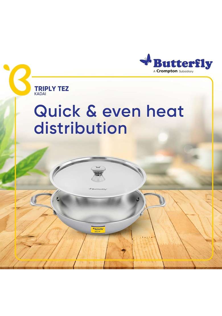 Butterfly Stainless Steel Tez Triply Kadai Wok with Lid | 1.5 L | 1.6 Qt | 30 cm | 11.8 Inch | Induction Compatible - Indya
