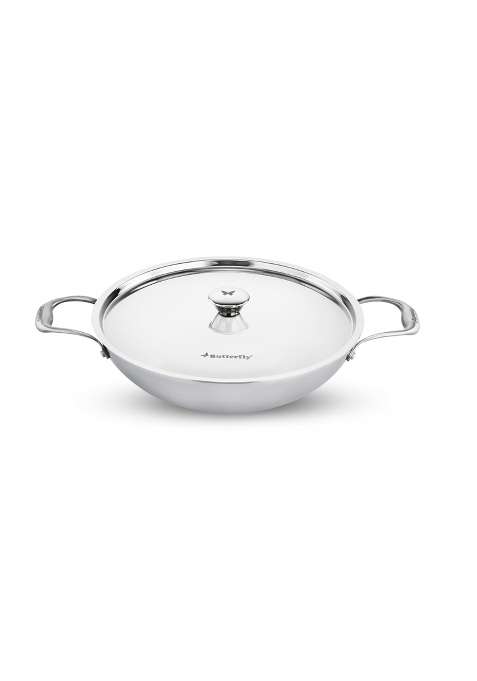 Butterfly Stainless Steel Tez Triply Kadai Wok with Lid | 1.5 L | 1.6 Qt | 30 cm | 11.8 Inch | Induction Compatible