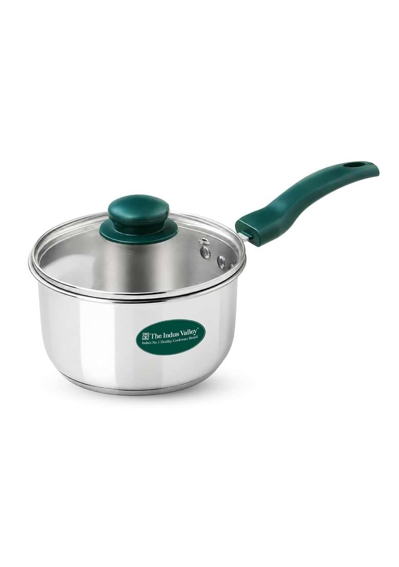 The Indus Valley Stainless Steel Impact Bonded Sauce Pan with Glass Lid | 1.5 L | 1.6 Qt | Induction Compatible | Non-Toxic - Indya