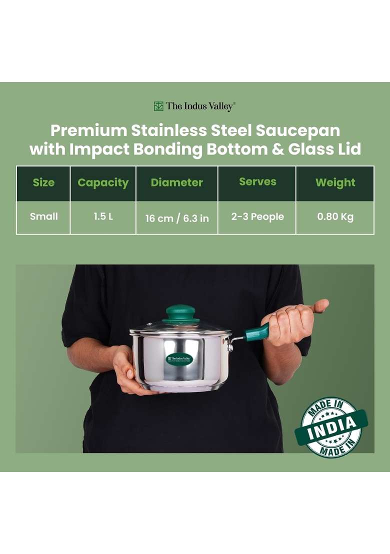 The Indus Valley Stainless Steel Impact Bonded Sauce Pan with Glass Lid | 1.5 L | 1.6 Qt | Induction Compatible | Non-Toxic - Indya