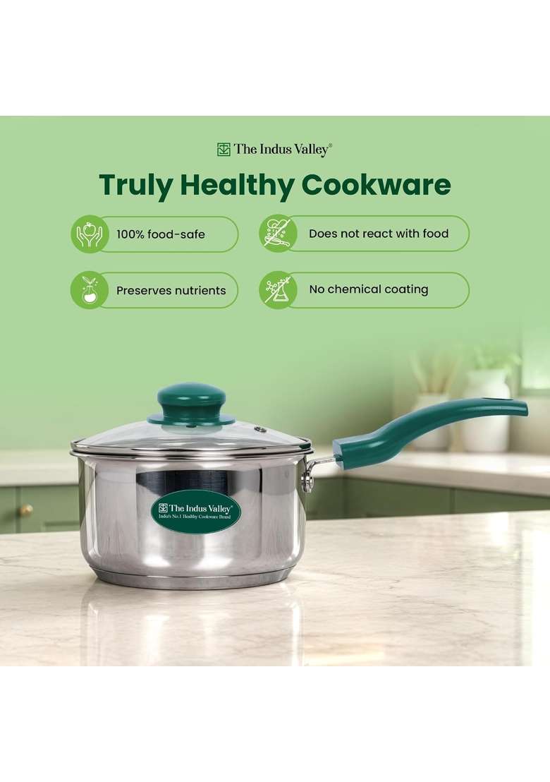 The Indus Valley Stainless Steel Impact Bonded Sauce Pan with Glass Lid | 1.5 L | 1.6 Qt | Induction Compatible | Non-Toxic - Indya