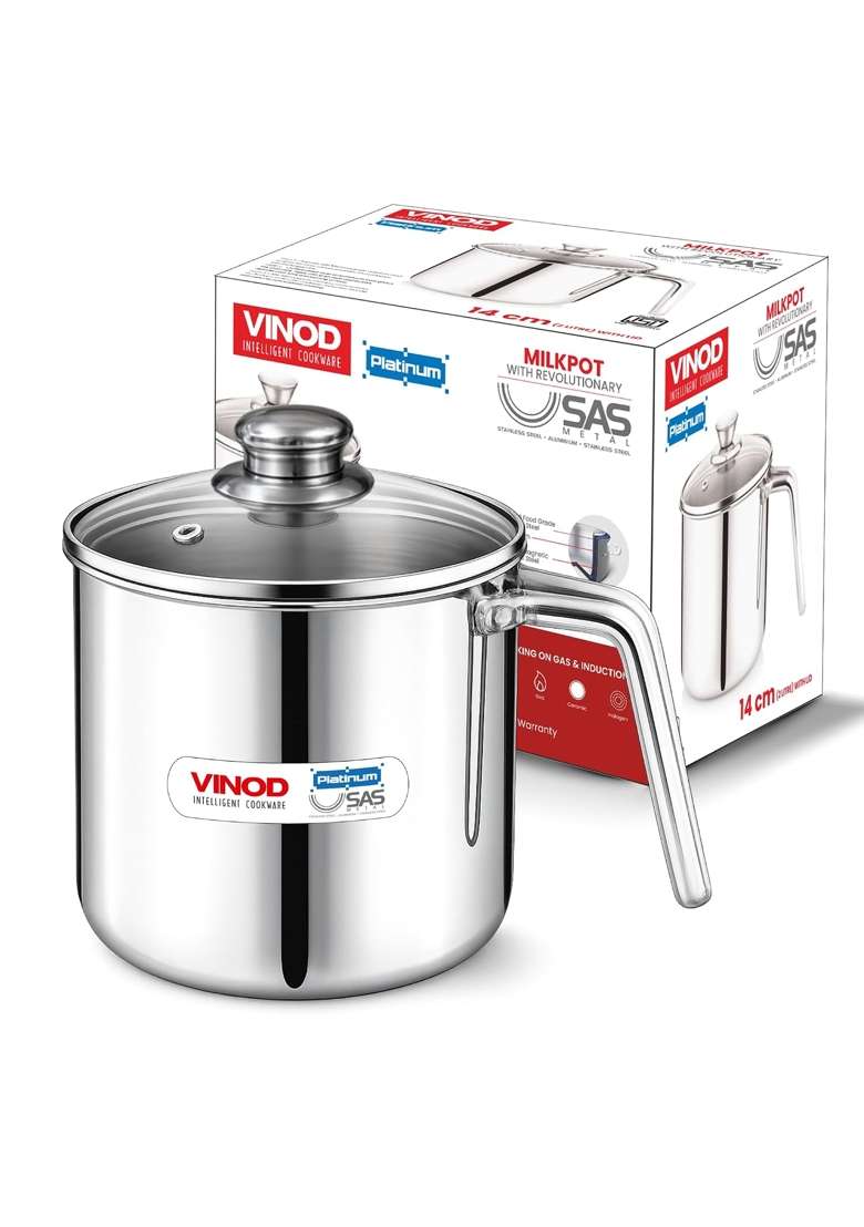 Vinod Platinum Triply Stainless Steel Milk Pot | 2 L | 2.1 Qt | 14 cm | 5.5 Inch | Induction Compatible - Indya