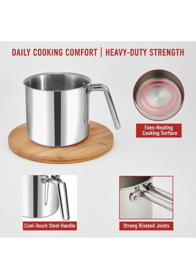 Vinod Platinum Triply Stainless Steel Milk Pot | 2 L | 2.1 Qt | 14 cm | 5.5 Inch | Induction Compatible - Indya