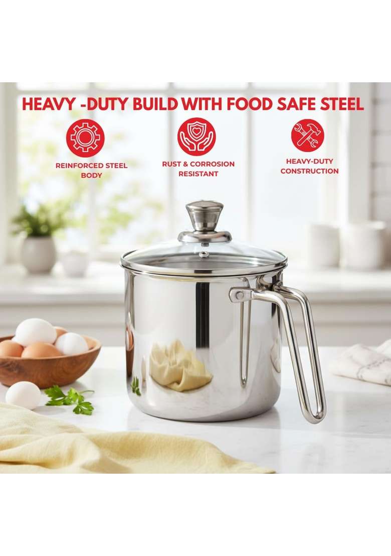 Vinod Platinum Triply Stainless Steel Milk Pot | 2 L | 2.1 Qt | 14 cm | 5.5 Inch | Induction Compatible - Indya