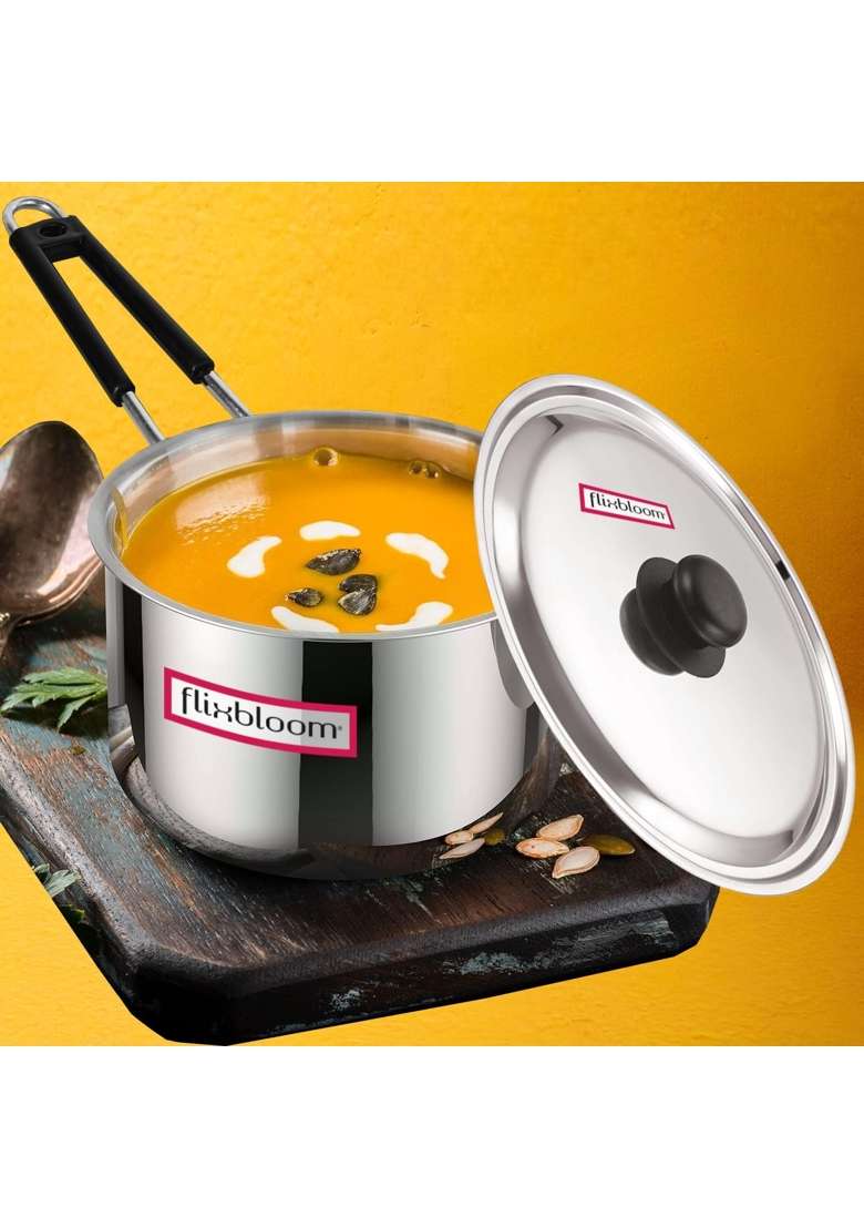 FLIXBLOOM Radiant Stainless Steel Induction Base Cookware LPG Friendly Triply Sandwich | 1.5 L | 1.6 Qt | With Lid - Indya