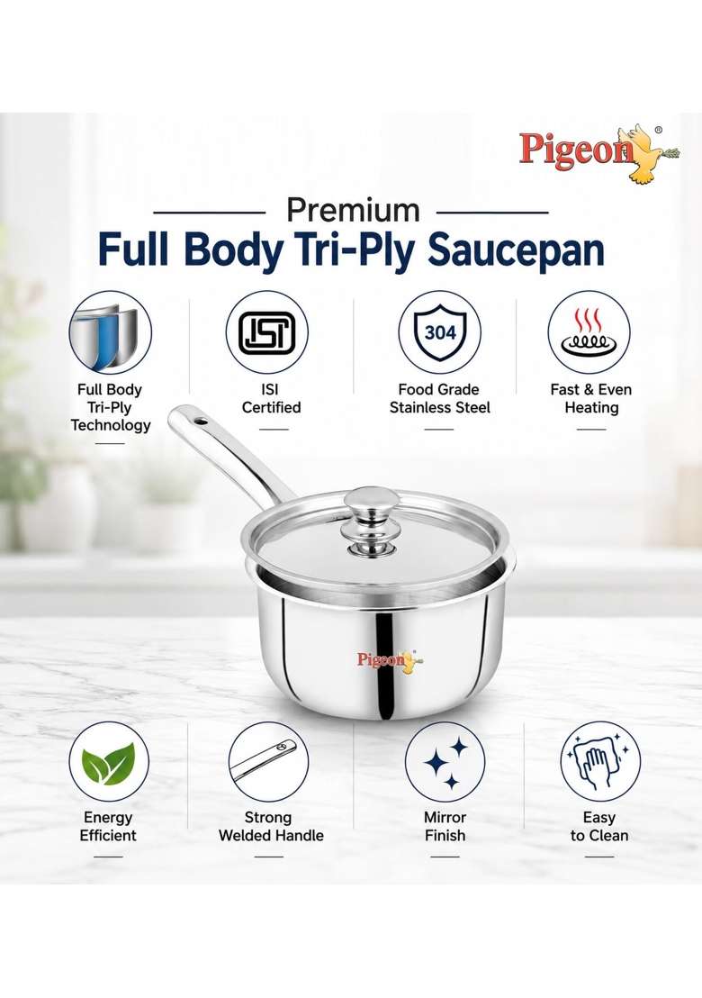 Pigeon Tri-Steel Triply Stainless Steel Sauce Pan with Lid | 2.5 L | 2.6 Qt | Induction Compatible | Heavy Bottom - Indya