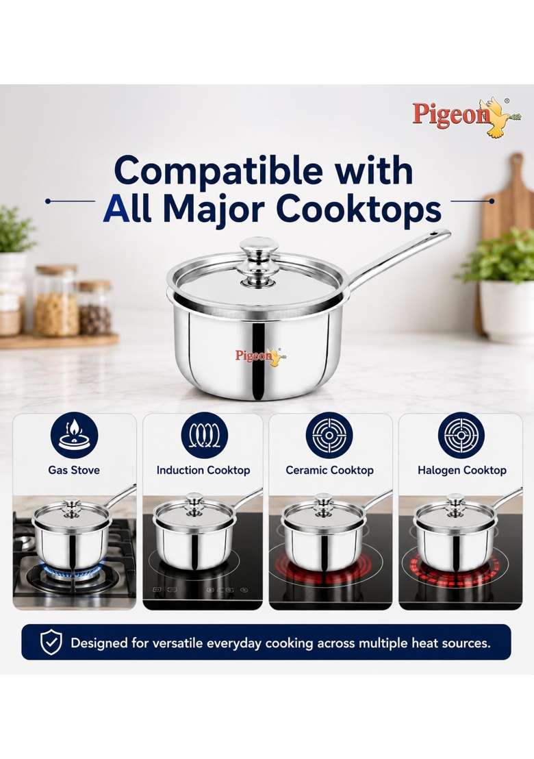Pigeon Tri-Steel Triply Stainless Steel Sauce Pan with Lid | 2.5 L | 2.6 Qt | Induction Compatible | Heavy Bottom - Indya