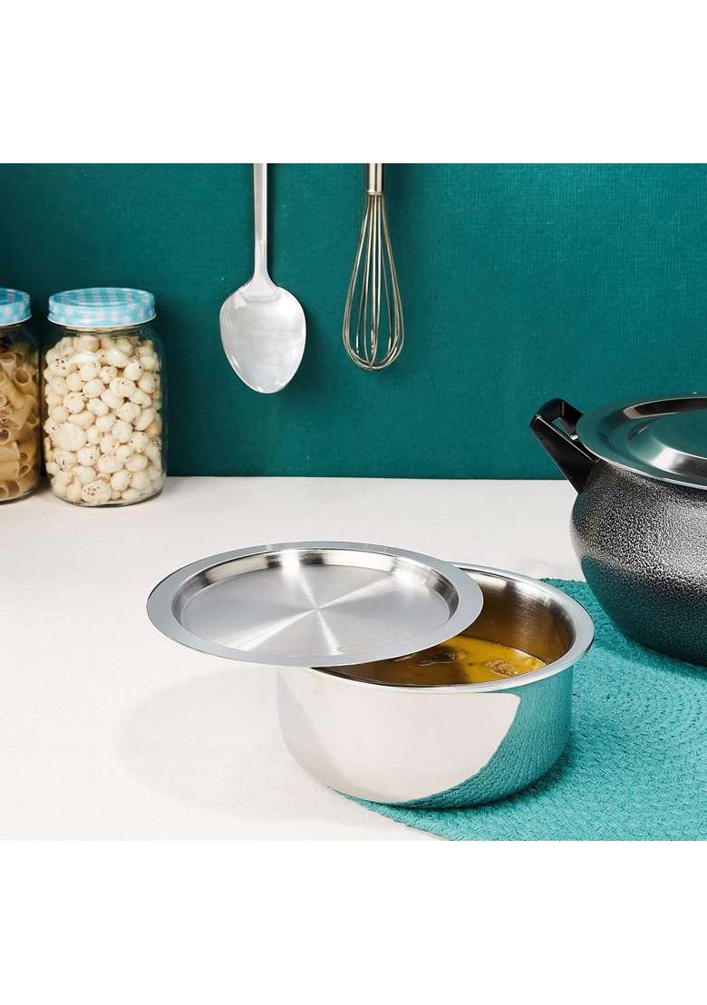 Solimo Amazon Brand Solimo Tri-Ply Stainless Steel Tope Cooking Pot with Steel Lid | 1.5 L | 1.6 Qt | 16 cm | 6.3 Inch | Induction Compatible - Indya