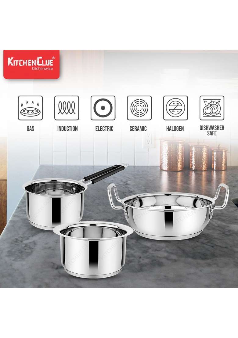KITCHEN CLUE Premium Grade Stainless Steel Cookware Set with Tri-Ply Base | 1600 ml | 54.1 fl oz | Induction Compatible - Indya
