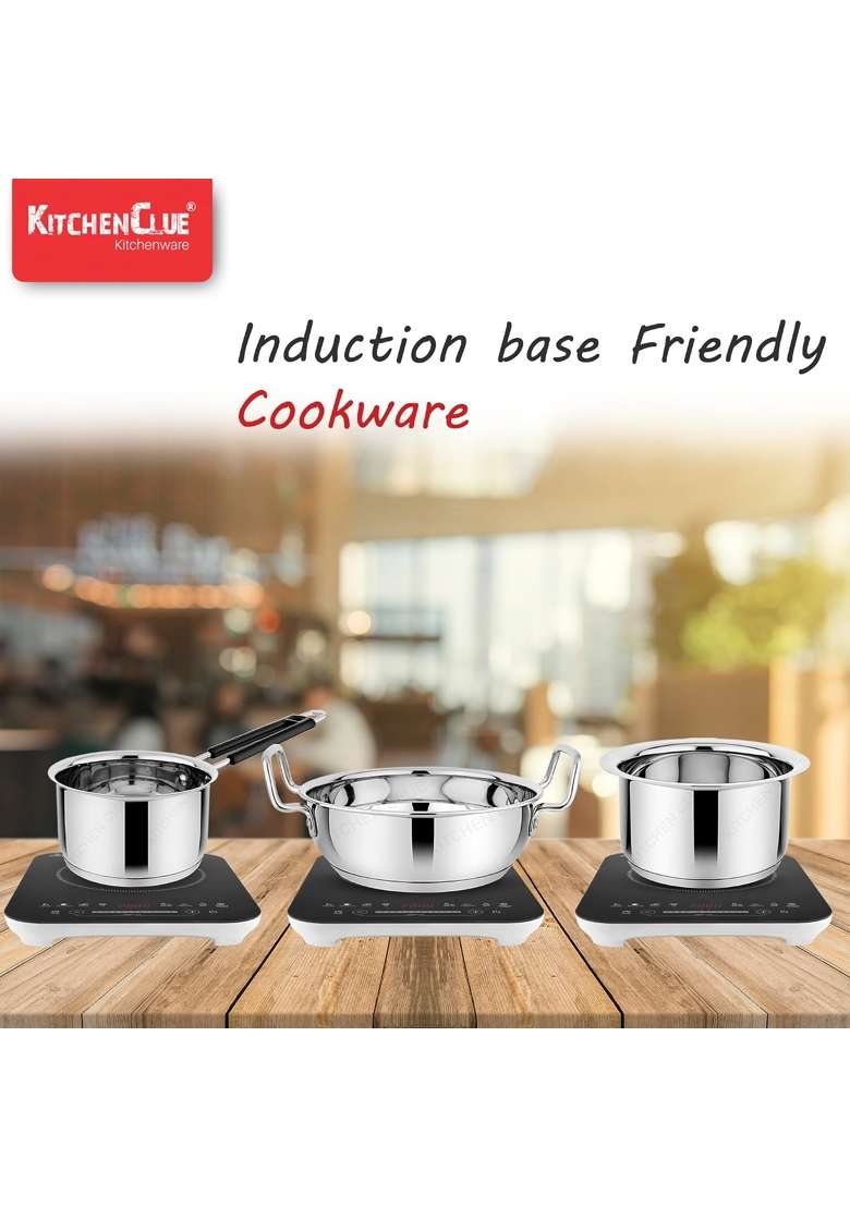 KITCHEN CLUE Premium Grade Stainless Steel Cookware Set with Tri-Ply Base | 1600 ml | 54.1 fl oz | Induction Compatible - Indya