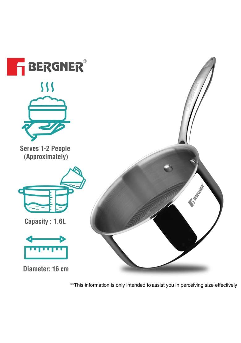 BERGNER Hi-Tech Giro X Triply with Honeycomb Healthy Ceramic Coating Saucepan | 1.6 L | 1.7 Qt | 16 cm | 6.3 Inch | Induction Compatible | PFOA Free - Indya
