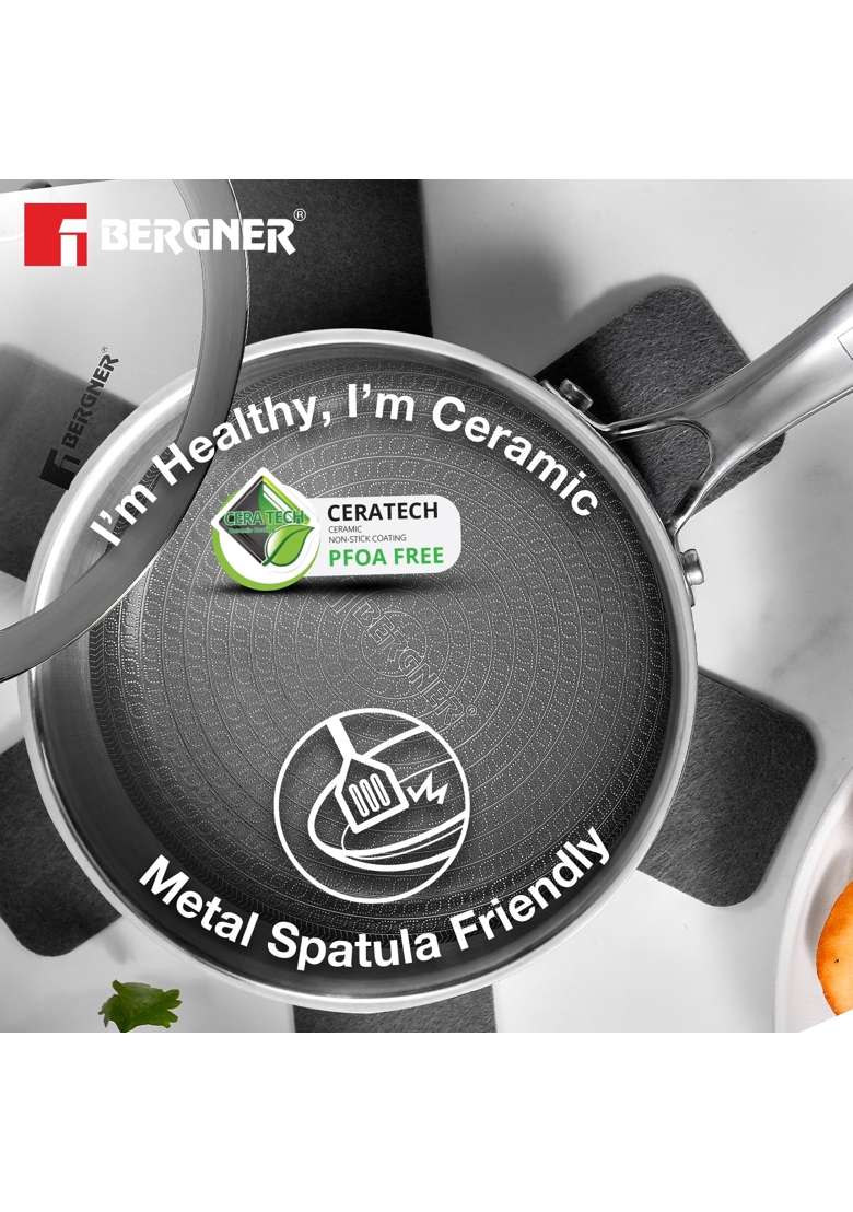 BERGNER Hi-Tech Giro X Triply with Honeycomb Healthy Ceramic Coating Saucepan | 1.6 L | 1.7 Qt | 16 cm | 6.3 Inch | Induction Compatible | PFOA Free - Indya