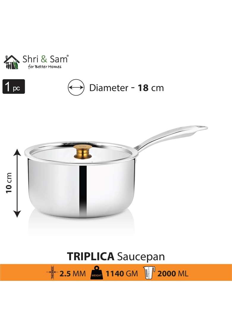 Shri and Sam Stainless Steel Triply Sauce Pan | 2 L | 2.1 Qt | 18 cm | 7.1 Inch - Indya