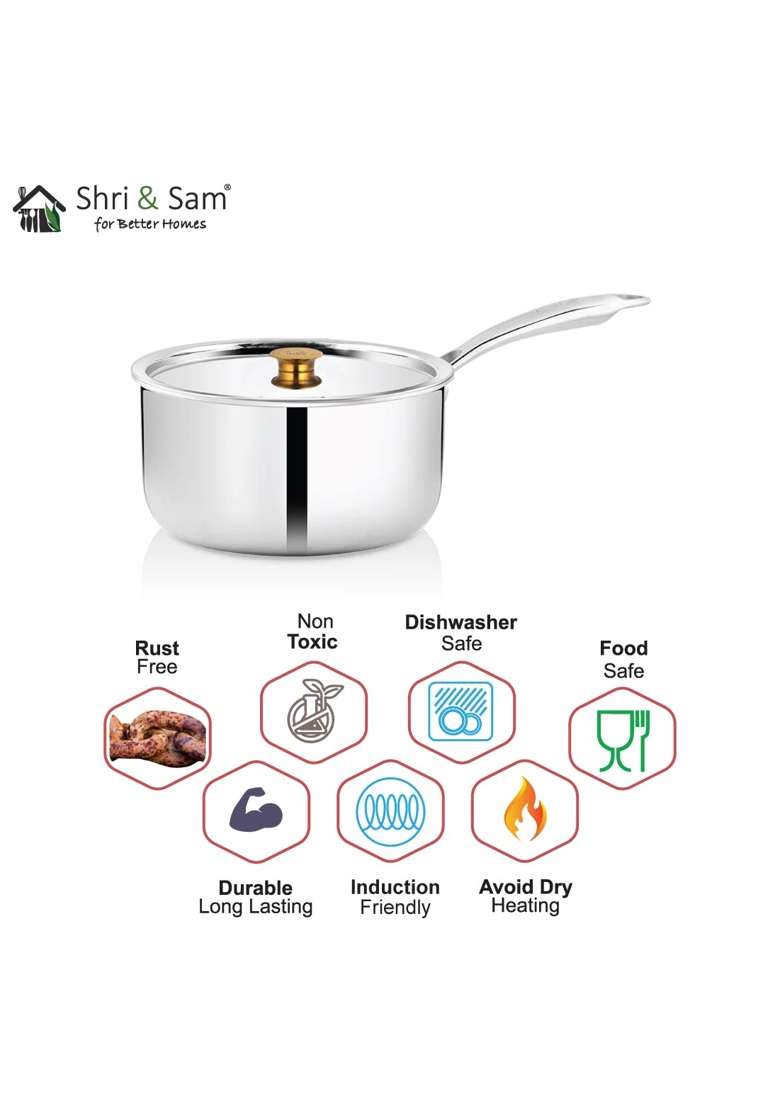 Shri and Sam Stainless Steel Triply Sauce Pan | 2 L | 2.1 Qt | 18 cm | 7.1 Inch - Indya